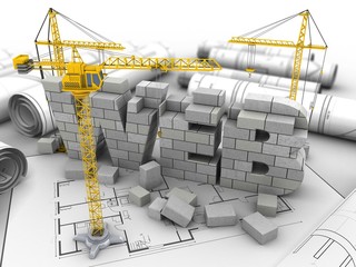 Wall Mural - 3d illustration of web development over house plan background with cranes