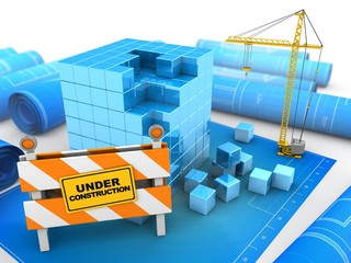 3d illustration of blue cube over blueprints background with crane