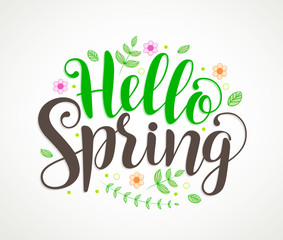 Wall Mural - hello spring text typography vector design with colorful flowers and leaves elements and decorations