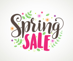 Wall Mural - spring sale text vector typography banner design with colorful flowers and leaves elements in white 