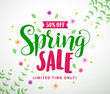 Spring sale vector banner design with colorful leaves and flowers in white background for spring seasonal discount promotion. Vector illustration.

