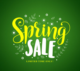 Wall Mural - spring sale vector banner design in green background with flowers and leaves drawings for seasonal m