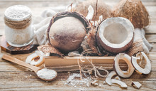 Still Life With Coconut On A Wooden Background