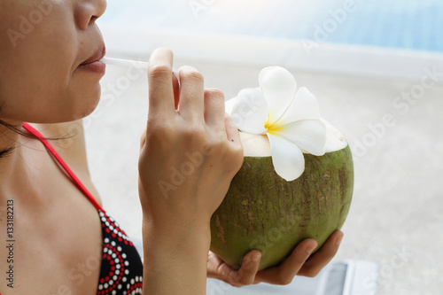 Beautiful Woman Drinking Coconut Stock Foto Adobe Stock
