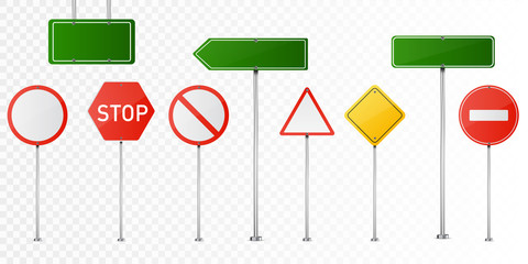 Set of vector road signs isolated on transparent background.