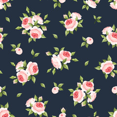 Naklejka na meble Vector seamless pattern with pink roses on a dark blue background.