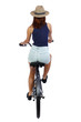 © ghoststone - back view of a woman with a bicycle. cyclist sits on the bike. Rear view people collection.  backside view of person. Isolated over white background. Girl in a straw hat riding a bicycle.