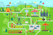 © Bezvershenko - Amusement park map infographic elements in flat vector design. Happy people spend time relaxing in nature. Parents and children are walking in the park, attractions, castle, Ferris wheel, train, cars