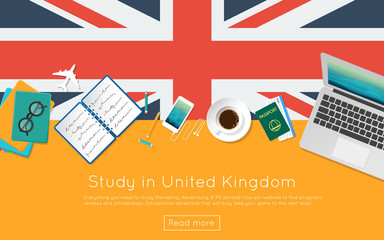 Wall Mural - Study in United Kingdom concept for your web banner or print materials. Top view of a laptop, books and coffee cup on national flag. Flat style study abroad website header.