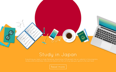 Wall Mural - Study in Japan concept for your web banner or print materials. Top view of a laptop, books and coffee cup on national flag. Flat style study abroad website header.