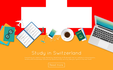 Wall Mural - Study in Switzerland concept for your web banner or print materials. Top view of a laptop, books and coffee cup on national flag. Flat style study abroad website header.