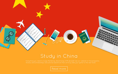 Wall Mural - Study in China concept for your web banner or print materials. Top view of a laptop, books and coffee cup on national flag. Flat style study abroad website header.