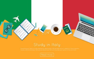 Wall Mural - Study in Italy concept for your web banner or print materials. Top view of a laptop, books and coffee cup on national flag. Flat style study abroad website header.