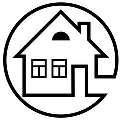 Round icon house with a chimney and windows with black outline