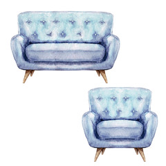 Blue Sofa and Armchair - Watercolor Illustration.