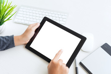 Aufkleber - hand using digital tablet finger touch blank screen on desk work
