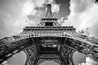 White angle view of the Eiffel tower in Paris, France. Black and white photo.