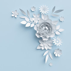 3d illustration, white paper flowers, blue pastel decorative floral background, wedding wall decor