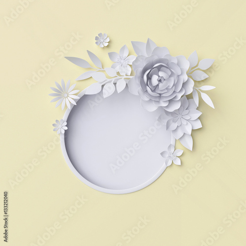 Download 3d Illustration White Paper Flowers Yellow Pastel Decorative Floral Background Easter Card Template Blank Banner Round Frame Stock Photo Adobe Stock