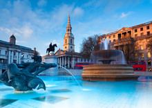 London, Fountains On Trafalgar Square Early In The Evening