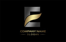 Logo Letter E Line And Ribbon In Gold And Metal Color