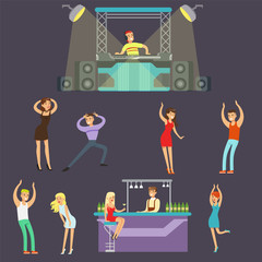 Sticker - Young Happy People Dancing In Night Club And Drinking In The Bar With DJ Playing Music Cartoon Vector Illustration