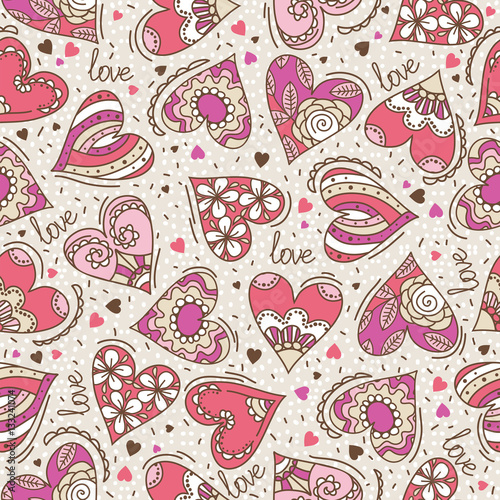 Cotton fabric Beige square background with pink decorative valentine hearts