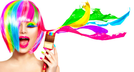 Dyed hair humor concept. Beauty model woman painting her hair in colourful bright colors