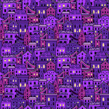 Seamless Pattern With Houses At Night, Dark Doodle House Vector Background, Cute Purple Houses With Light From The Windows, EPS 8