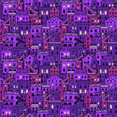 Seamless pattern with houses at night, dark doodle house vector background, cute purple houses with light from the windows, EPS 8