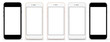 Set of five smartphones gold, rose, silver and black - blank screen and isolated on white background, high resolution, deitailed. Template, mockup.
