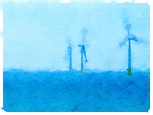 Digital Watercolor Painting Of Three Wind Turbines In Water With Space For Text.