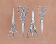 Antique Scissors - Vintage Accessory. Hand Drawn Watercolor Painting On The Brown Old Paper Background.