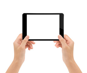 Poster - mock-up tablet in woman hand isolated on white clipping path ins