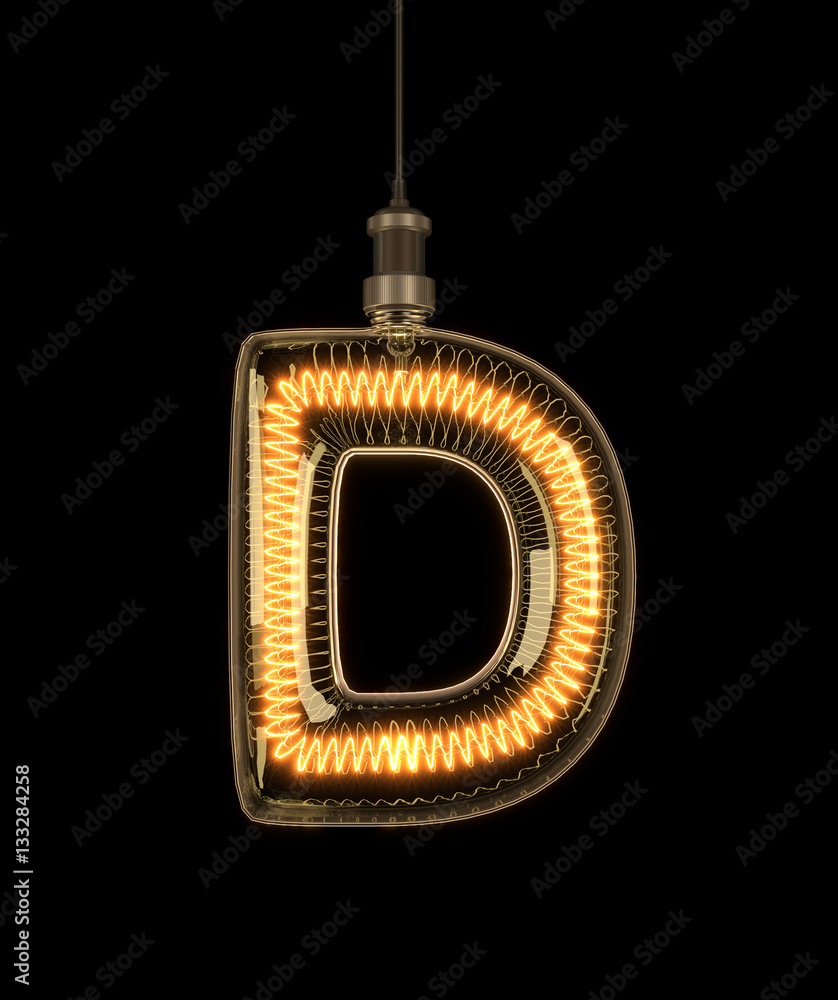 Obraz na płótnie Alphabet D made of light bulb. 3D illustration w salonie