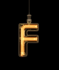 Alphabet F made of light bulb. 3D illustration