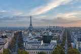Fototapeta Boho - View from Arc de Triomphe in Paris, France towards Eiffel Tower with skyline, blue sky and traffic
