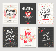 Vector Set Of Valentine's Day Hand Drawn Posters Or Greeting Card With Handwritten Calligraphy Quotes, Phrase And Illustrations.