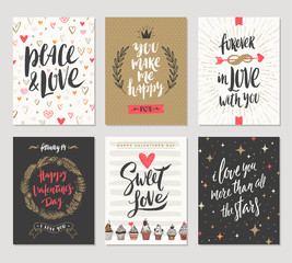 Wall Mural - Vector set of Valentine's Day hand drawn posters or greeting card with handwritten calligraphy quotes, phrase and illustrations.