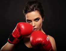 Sexy Gorgeous Woman With Dark Hair In Sports Gloves For Boxing