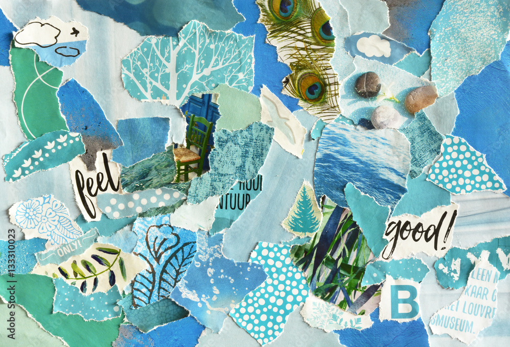 Creative Atmosphere art mood board collage sheet in color idea  blue ,green, aqua and turquoise made of teared magazines and printed matter paper with colors and textures - obrazy, fototapety, plakaty 