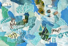 Creative Atmosphere Art Mood Board Collage Sheet In Color Idea  Blue ,green, Aqua And Turquoise Made Of Teared Magazines And Printed Matter Paper With Colors And Textures