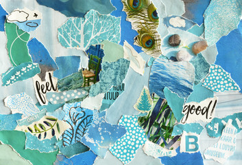 creative atmosphere art mood board collage sheet in color idea blue ,green, aqua and turquoise made 