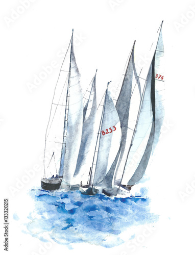 Fototapety Regaty  jachty-lodzie-akwarela-malarstwo-ilustracja-na-bialym-tle