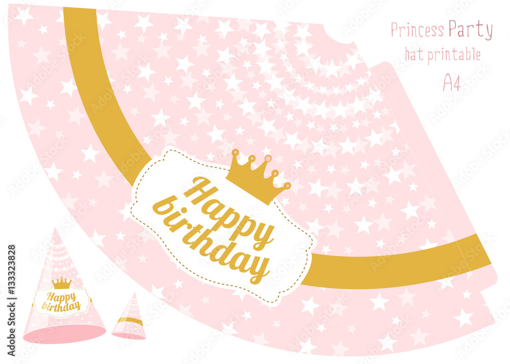 Party hats v printable. Pink and gold princess party. Print and cut. Happy birthday elements. Vector cones template to head for a holiday. Stock Vector | Adobe Stock party-hats-v-printable-pink-and-gold-princess-party-print-and-cut-happy-birthday-elements-vector-cones-template-to-head-for-a-holiday-stock-vector-adobe-stock