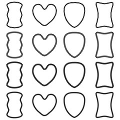 Vector set of frames from rope isolated on white background. For the design of banners, brochures, cards. Original monochrome frame in the shape of a heart, shield, rectangle