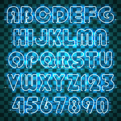 Wall Mural - glowing blue neon alphabet with letters from a to z and digits from 0 to 9. shining and glowing neon