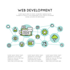 Vector Icon Style Illustration of Web Page Development Process. Interface, layout, performance optimization, seo and coding progress
