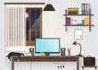 Modern teenager guy room with workplace. Male man desktop workplace computer in the modern office or home.