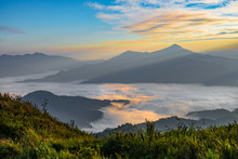 Sunrise Landscape Of Foggy And Cloudy Mountain Valley, Doi Pha Tang Chiang Rai Thailand
